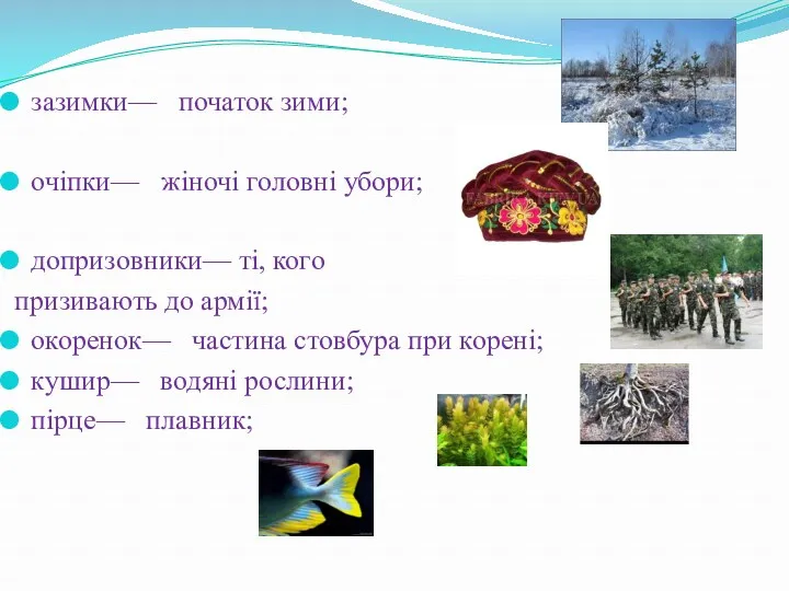 зазимки— початок зими; очіпки— жіночі головні убори; допризовники— ті, кого