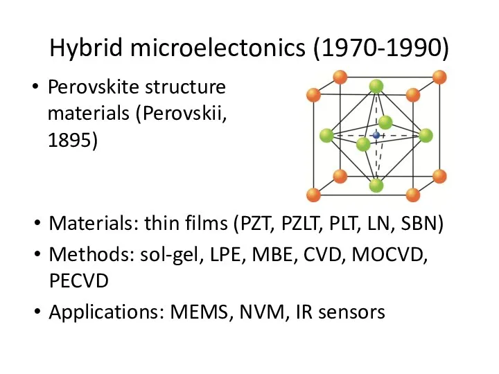 Hybrid microelectonics (1970-1990) Materials: thin films (PZT, PZLT, PLT, LN, SBN) Methods: sol-gel,