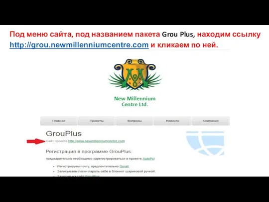 Под меню сайта, под названием пакета Grou Plus, находим ссылку http://grou.newmillenniumcentre.com и кликаем по ней.