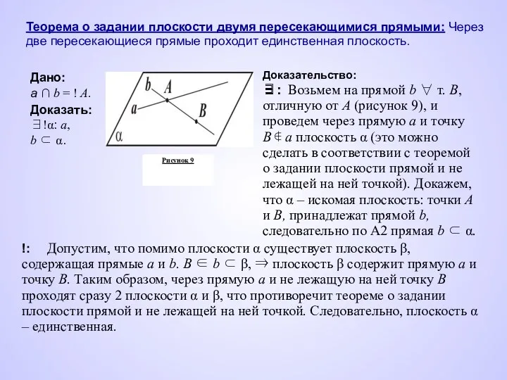 Теорема о задании плоскости двумя пересекающимися прямыми: Через две пересекающиеся