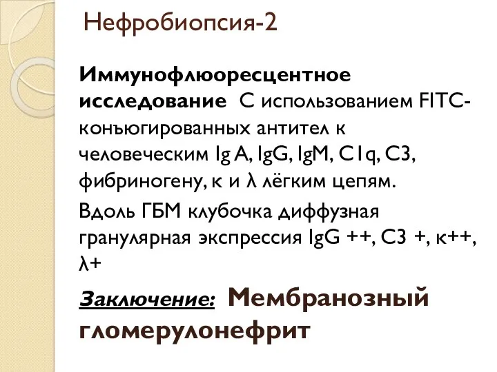 Нефробиопсия-2 Иммунофлюоресцентное исследование С использованием FITC-конъюгированных антител к человеческим Ig A, IgG, IgM,