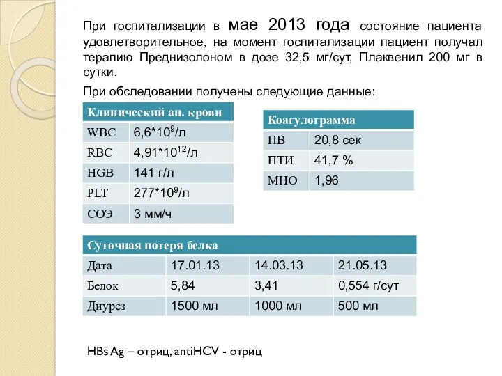 При госпитализации в мае 2013 года состояние пациента удовлетворительное, на момент госпитализации пациент