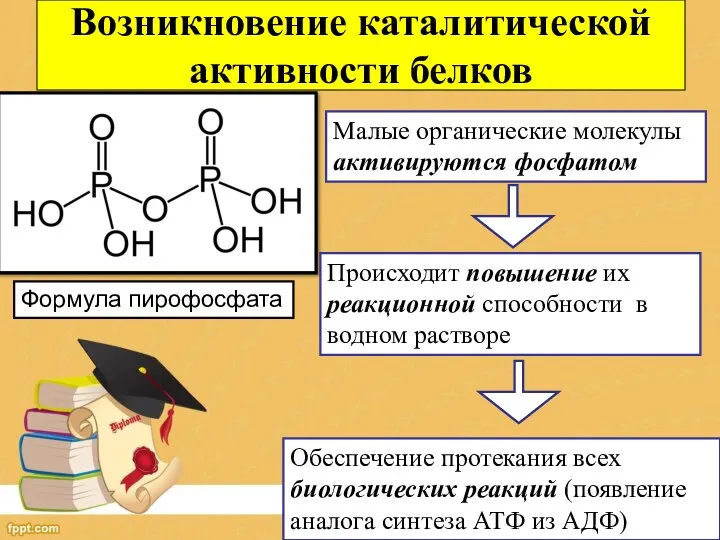 Возникновение каталитической активности белков Формула пирофосфата Малые органические молекулы активируются