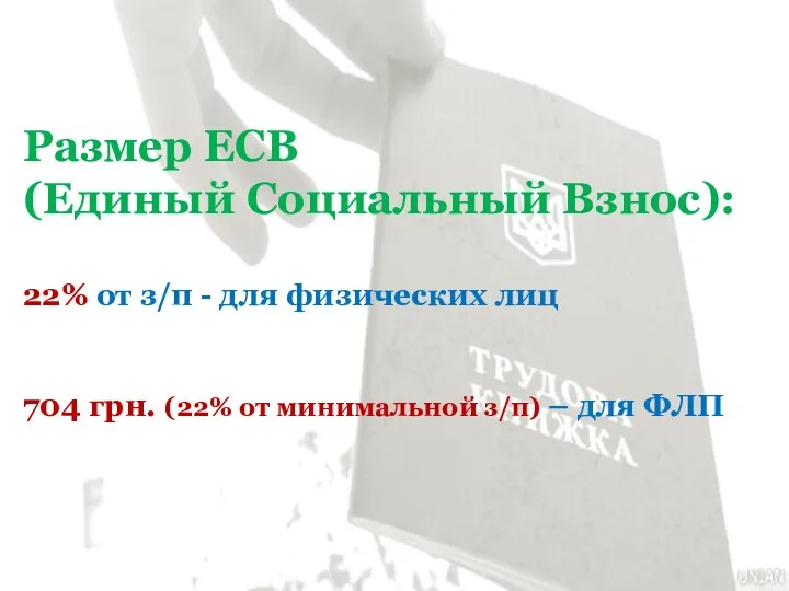 Размер ЕСВ (Единый Социальный Взнос): 22% от з/п - для