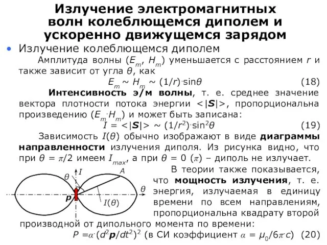 Амплитуда волны (Em, Hm) уменьшается с расстоянием r и также