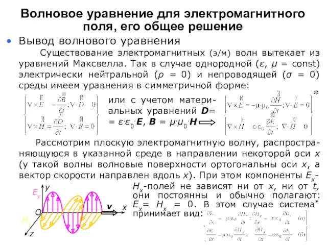 Волновое уравнение для электромагнитного поля, его общее решение Вывод волнового