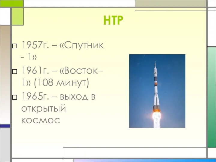 НТР 1957г. – «Спутник - 1» 1961г. – «Восток - 1» (108 минут)