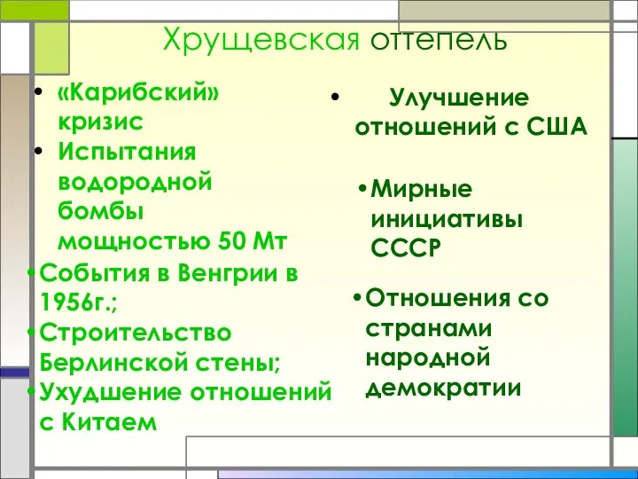 Хрущевская оттепель «Карибский» кризис Испытания водородной бомбы мощностью 50 Мт Улучшение отношений с