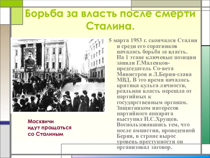 Борьба за власть после смерти Сталина. 5 марта 1953 г.