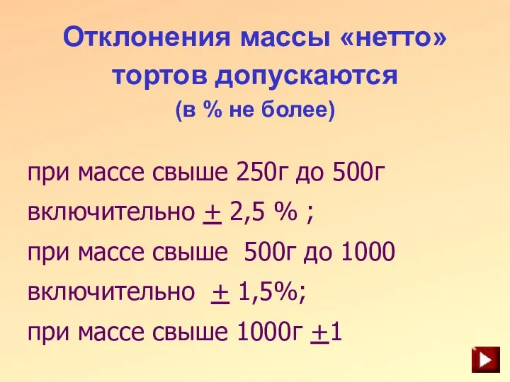 Отклонения массы «нетто» тортов допускаются (в % не более) при