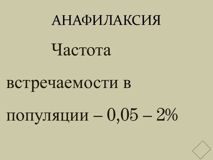 АНАФИЛАКСИЯ Частота встречаемости в популяции – 0,05 – 2%