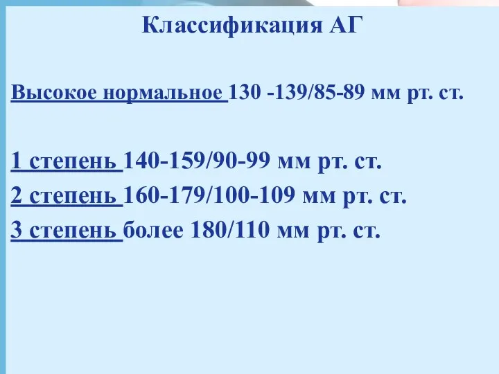 Классификация АГ Высокое нормальное 130 -139/85-89 мм рт. ст. 1