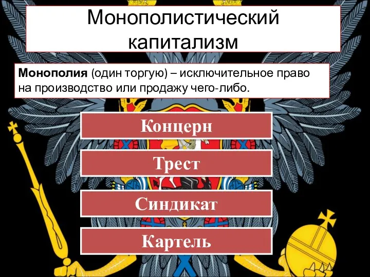 Монополистический капитализм Монополия (один торгую) – исключительное право на производство