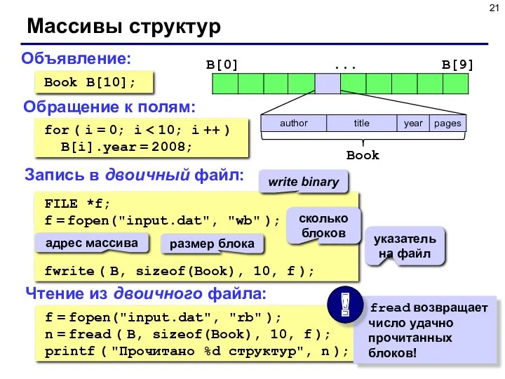 Массивы структур Объявление: Book B[10]; Обращение к полям: for (