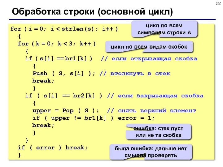 Обработка строки (основной цикл) for ( i = 0; i