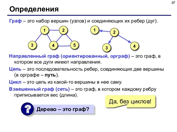 Определения Граф – это набор вершин (узлов) и соединяющих их