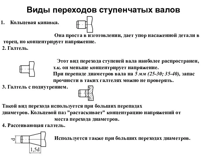 Виды переходов ступенчатых валов Кольцевая канавка. Она проста в изготовлении,