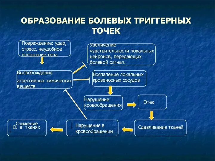 ОБРАЗОВАНИЕ БОЛЕВЫХ ТРИГГЕРНЫХ ТОЧЕК Высвобождение агрессивных химических веществ Повреждение: удар,