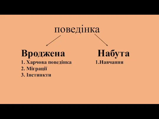 поведінка Вроджена Набута 1. Харчова поведінка 1.Навчання 2. Міграції 3. Інстинкти