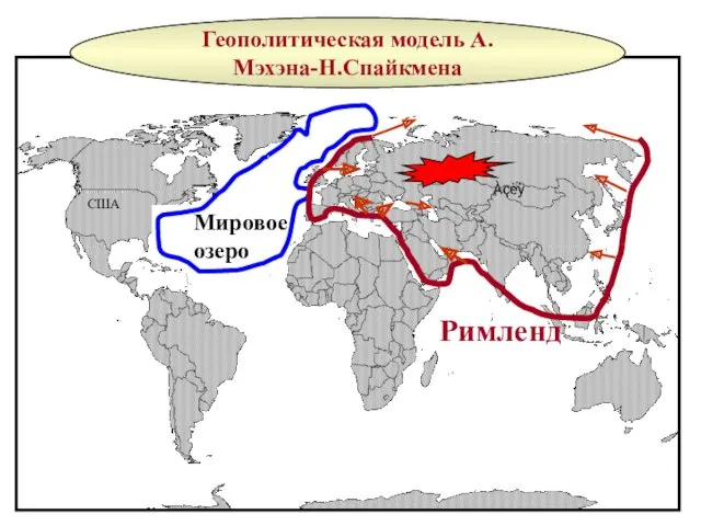 США Геополитическая модель А. Мэхэна-Н.Спайкмена Мировое озеро Римленд