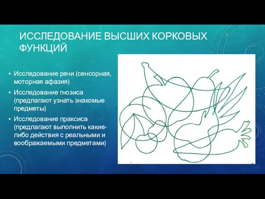 ИССЛЕДОВАНИЕ ВЫСШИХ КОРКОВЫХ ФУНКЦИЙ Исследование речи (сенсорная, моторная афазия) Исследование