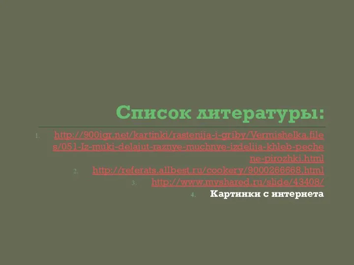 Список литературы: http://900igr.net/kartinki/rastenija-i-griby/Vermishelka.files/051-Iz-muki-delajut-raznye-muchnye-izdelija-khleb-pechene-pirozhki.html http://referats.allbest.ru/cookery/9000266668.html http://www.myshared.ru/slide/43408/ Картинки с интернета