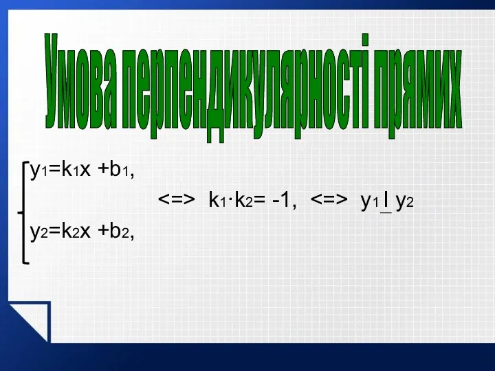 y1=k1x +b1, k1·k2= -1, y1 I y2 y2=k2x +b2, Умова перпендикулярності прямих