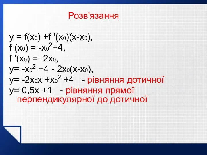 Розв'язання y = f(x0) +f '(x0)(x-x0), f (x0) = -x02+4,