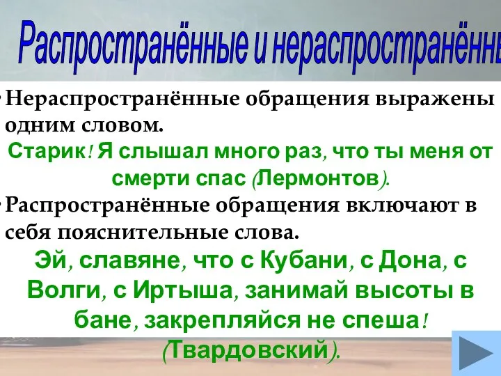 Распространённые и нераспространённые обращения Нераспространённые обращения выражены одним словом. Старик!