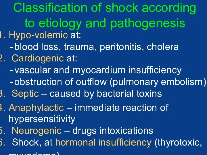 Classification of shock according to etiology and pathogenesis Hypo-volemic at: