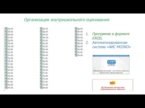 Организация внутришкольного оценивания Программа в формате EXCEL Автоматизированная система «АИС МСОКО»