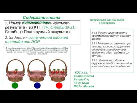 Содержание плана диагностики 1. Номер и описание планируемого результата -