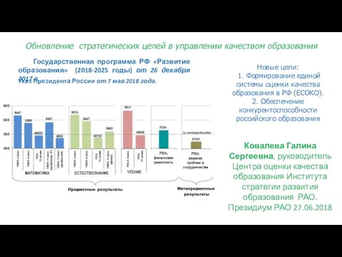 Обновление стратегических целей в управлении качеством образования Новые цели: 1.