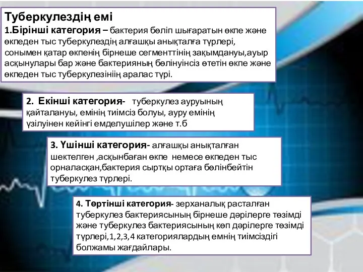 Туберкулездің емі 1.Бірінші категория – бактерия бөліп шығаратын өкпе және