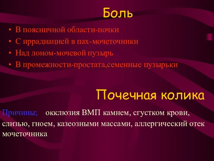 Боль В поясничной области-почки С иррадиацией в пах-мочеточники Над лоном-мочевой