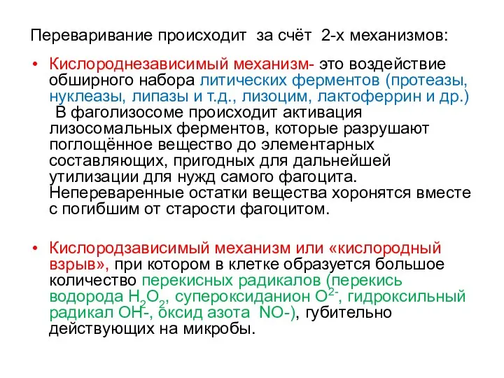 Переваривание происходит за счёт 2-х механизмов: Кислороднезависимый механизм- это воздействие