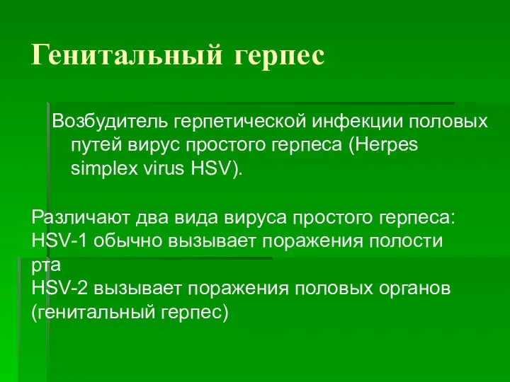 Генитальный герпес Возбудитель герпетической инфекции половых путей вирус простого герпеса