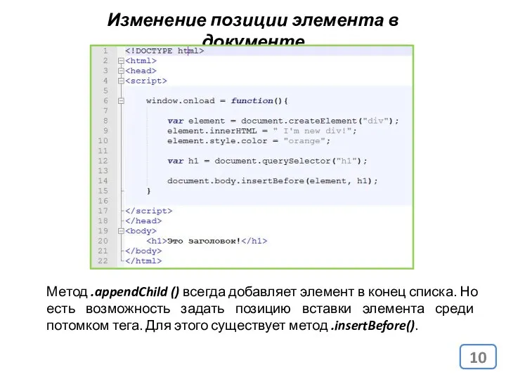 Изменение позиции элемента в документе Метод .appendChild () всегда добавляет элемент в конец