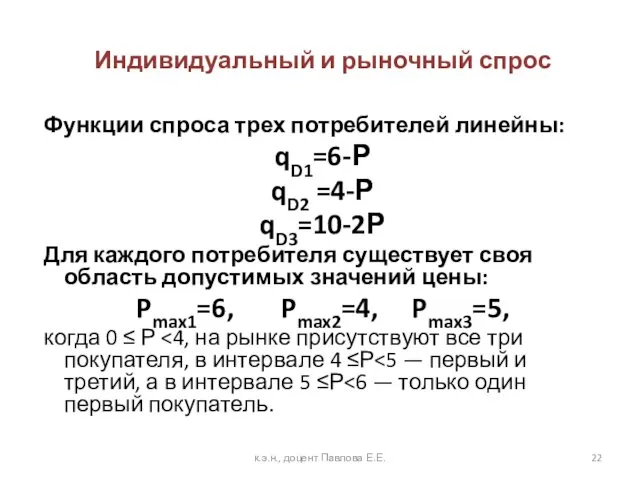 Индивидуальный и рыночный спрос Функции спроса трех потребителей линейны: qD1=6-Р