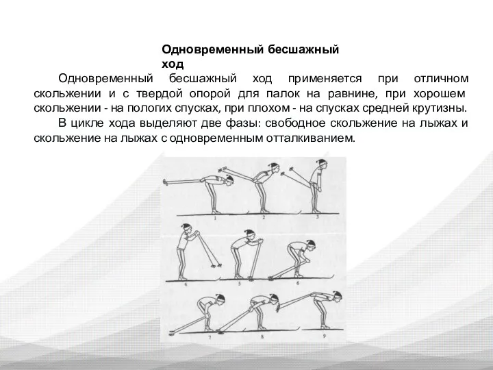 Одновременный бесшажный ход Одновременный бесшажный ход применяется при отличном скольжении