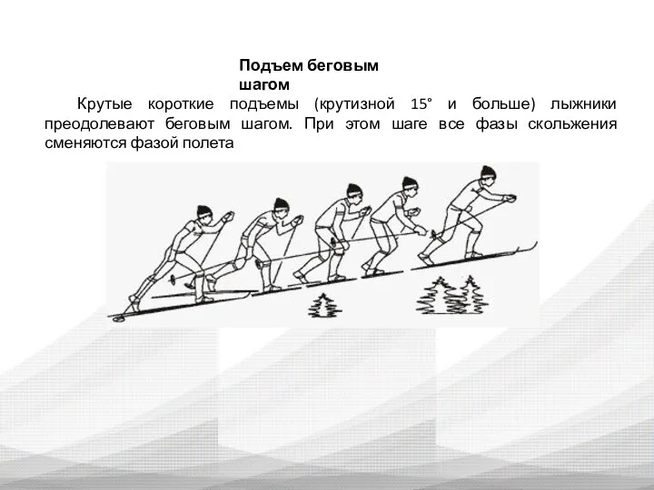 Подъем беговым шагом Крутые короткие подъемы (крутизной 15° и больше)