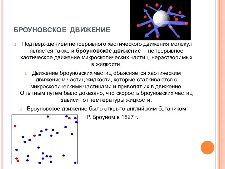 БРОУНОВСКОЕ ДВИЖЕНИЕ Подтверждением непрерывного хаотического движения молекул является также и