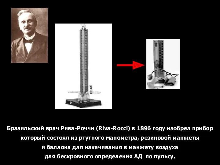 Бразильский врач Рива-Роччи (Riva-Rocci) в 1896 году изобрел прибор который состоял из ртутного