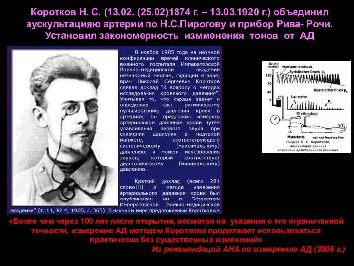 Коротков Н. С. (13.02. (25.02)1874 г. – 13.03.1920 г.) объединил аускультацияю артерии по