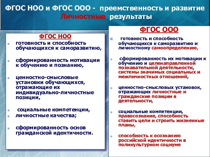 ФГОС НОО и ФГОС ООО - преемственность и развитие Личностные результаты ФГОС НОО