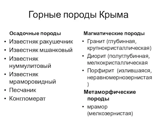 Горные породы Крыма Осадочные породы Известняк ракушечник Известняк мшанковый Известняк