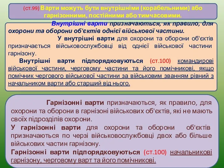 Внутрішні варти призначаються, як правило, для охорони та оборони об'єктів