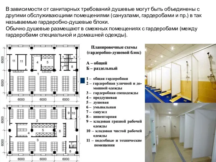 В зависимости от санитарных требований душевые могут быть объединены с