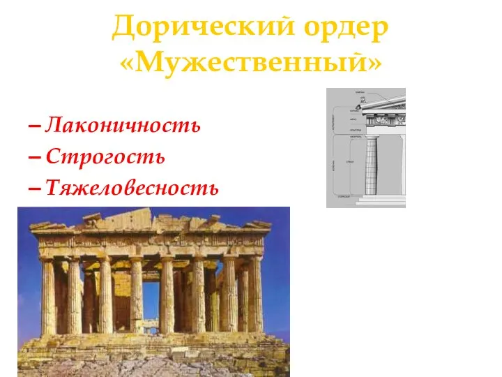 Дорический ордер «Мужественный» С VII в. до н.э. (Балканская Греция) Лаконичность Строгость Тяжеловесность