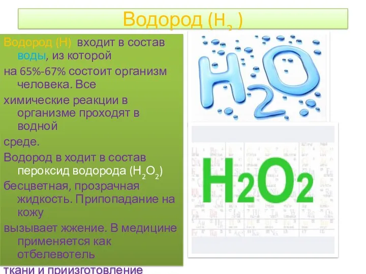 Водород (H2 ) Водород (Н) входит в состав воды, из которой на 65%-67%